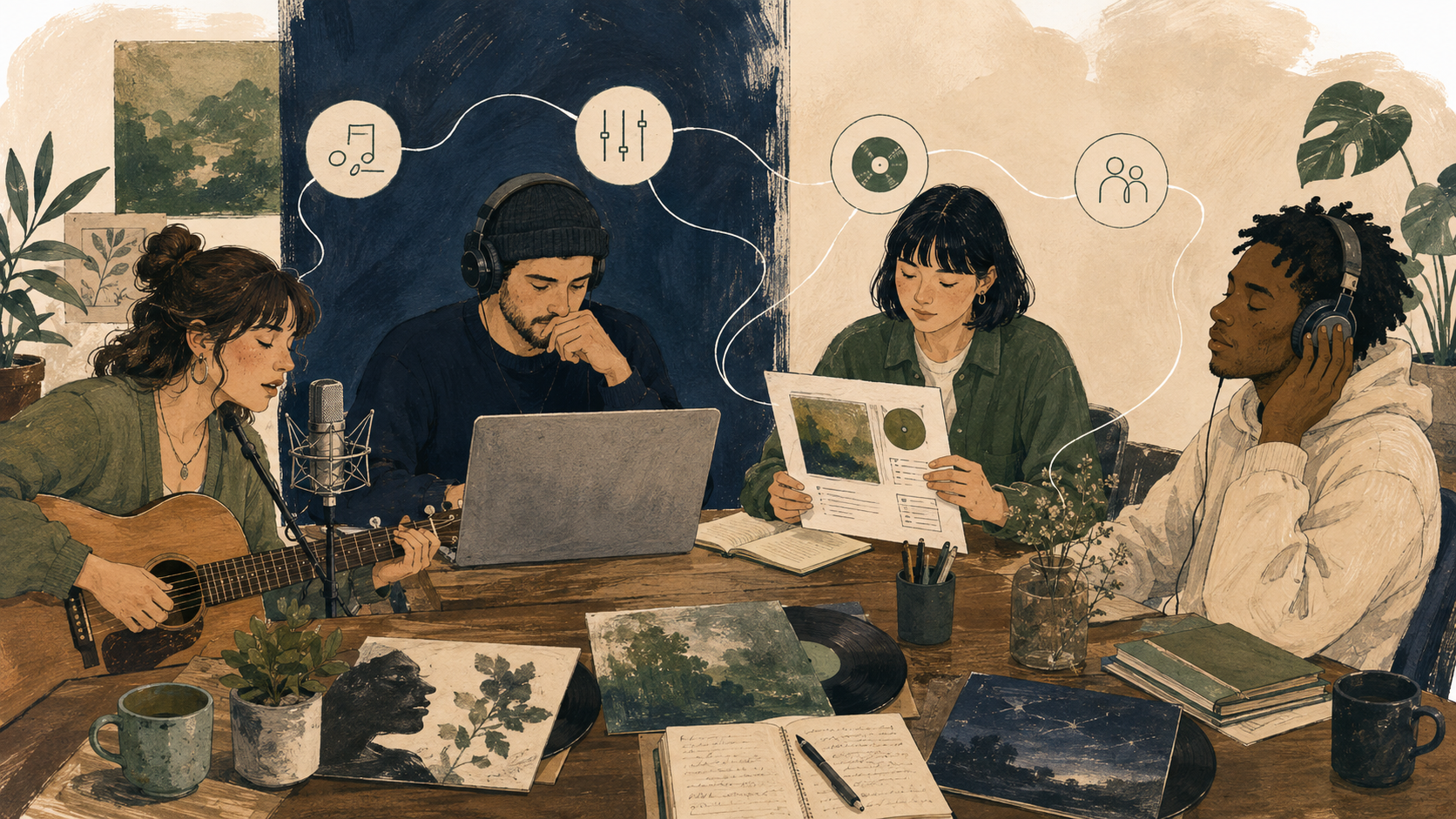 Ilustrasi proses kerja musik dari studio ke distribusi dan pendengar
